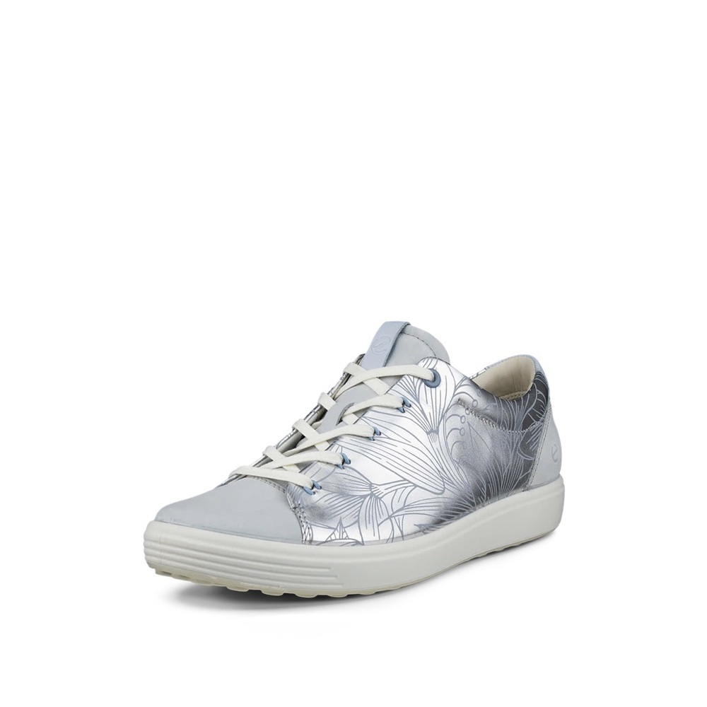 NWOT! Ecco Women's Soft 7 Floral  Silver and Light Blue Sneakers